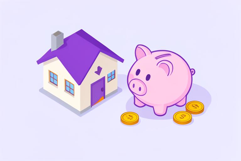 House model beside a piggy bank and coins