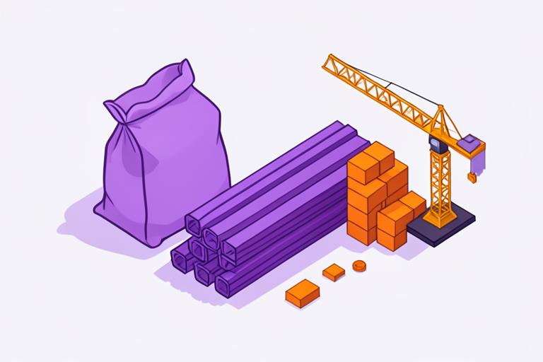 Cement, steel, bricks and a crane on a construction site